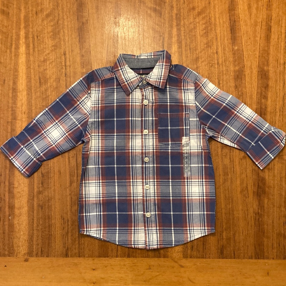 Oshkosh B’gosh Plaid Button Down Shirt Muted Red, Blue, White Plaid 4T